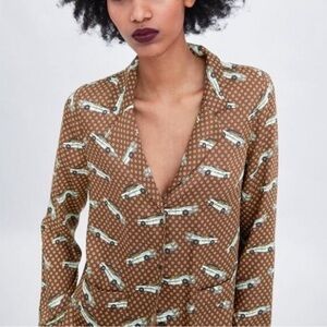 Zara - Vintage Retro Car And Floral Print Button Down Silky Polyester Blouse SM